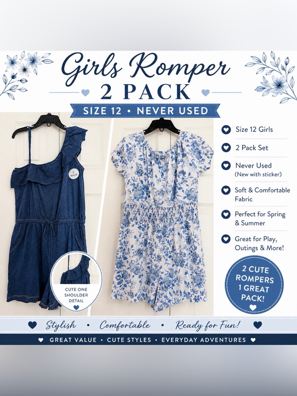 Girls One-Shoulder Knit Romper in Navy & Floral romper (2 pack)